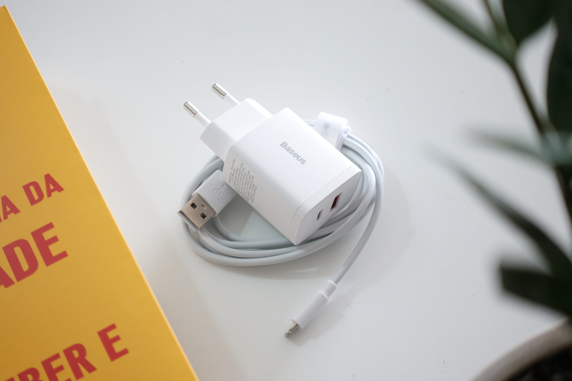 A wall charger from Baseus on a blank surface, with a partial book on the left and an out of focus plant on the right.