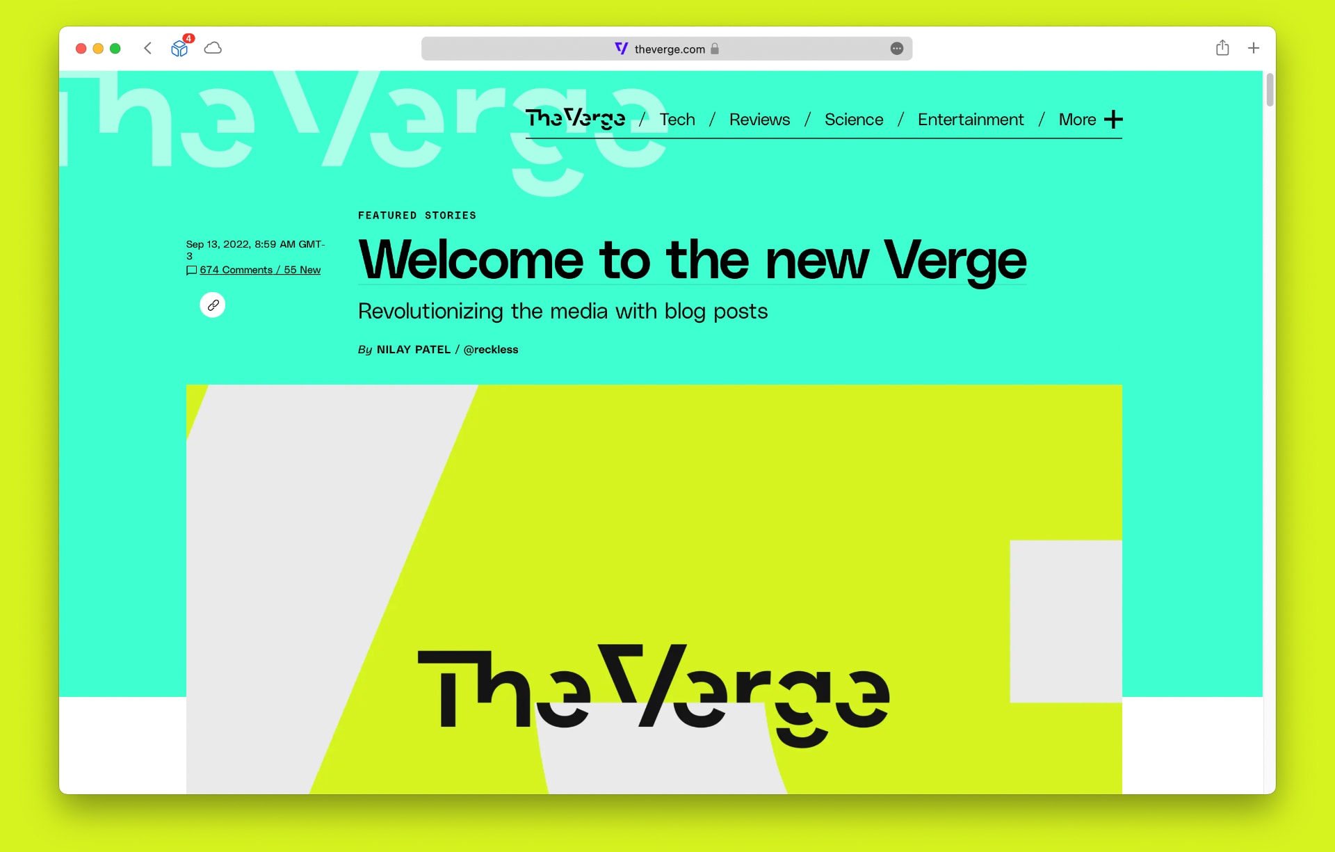 The Verge's post announcing its 2022 new layout, presented in a macOS' Safari window.